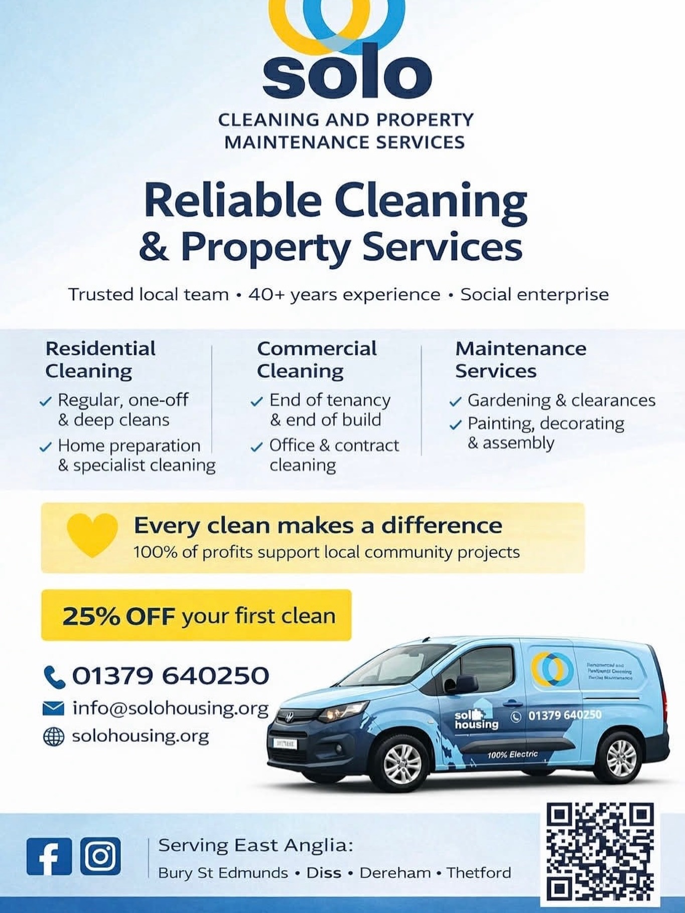 We are Solo Cleaning & Maintenance Services — a high-quality cleaning and property care service where every job creates real employment opportunities for the people we support.

You get the same competitive prices as other companies…

✨ but with us, your money changes lives.

🧹 Residential Cleaning

• Weekly, bi-weekly or monthly cleans

• One-off or deep cleans

• Optional upgrades: carpet cleaning, freezer deep cleans, bed stripping & remaking, ironing, cupboard & drawer organising

• Home prep after hospital discharge

🏢 Commercial Cleaning

• End-of-build or end-of-tenancy

• Bronze, Silver & Gold packages

🔧 Maintenance Services

• Furniture assembly

• Gardening & garden clearances

• Painting & decorating

💛 Why choose us?

✔️ Trained, trusted & fully vetted staff

✔️ Cleaning with purpose — your booking directly provides training, qualifications & employment for people rebuilding their lives

✔️ Over 40 years of experience as a trusted organisation supporting communities

📍 Serving Bury St Edmunds, Diss, & Thetford

Proud to support senior citizens, single parents & vulnerable individuals.

This life-changing project is funded by three years of support from The National Lottery Community Fund — thank you to everyone who plays. Your contribution helps us build brighter futures and #CondemnHomelessnessToHistory 🌟

📞 Book today: 01379 640250

💻 Enquire online: (see link in Bio)

 #SoloHousing #Diss #BuryStEdmunds #thetford